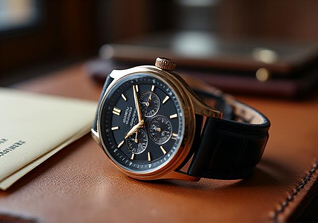 Orologio di lusso su scrivania in pelle